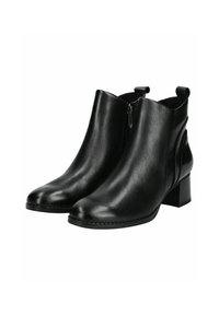 Bottines en cuir noir avec un bout pointu, fermeture éclair sur le côté et petit talon bloc. Texture lisse et design minimaliste sans motifs visibles.