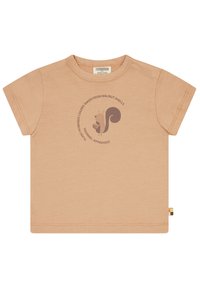 Korte mouwen beige T-shirt gemaakt van zachte stof, met een grafisch ontwerp van een eekhoorn, cirkelvormige tekst en een kleurrijke label aan de zijkant.