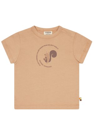 Korte mouwen beige T-shirt gemaakt van zachte stof, met een grafisch ontwerp van een eekhoorn, cirkelvormige tekst en een kleurrijke label aan de zijkant.