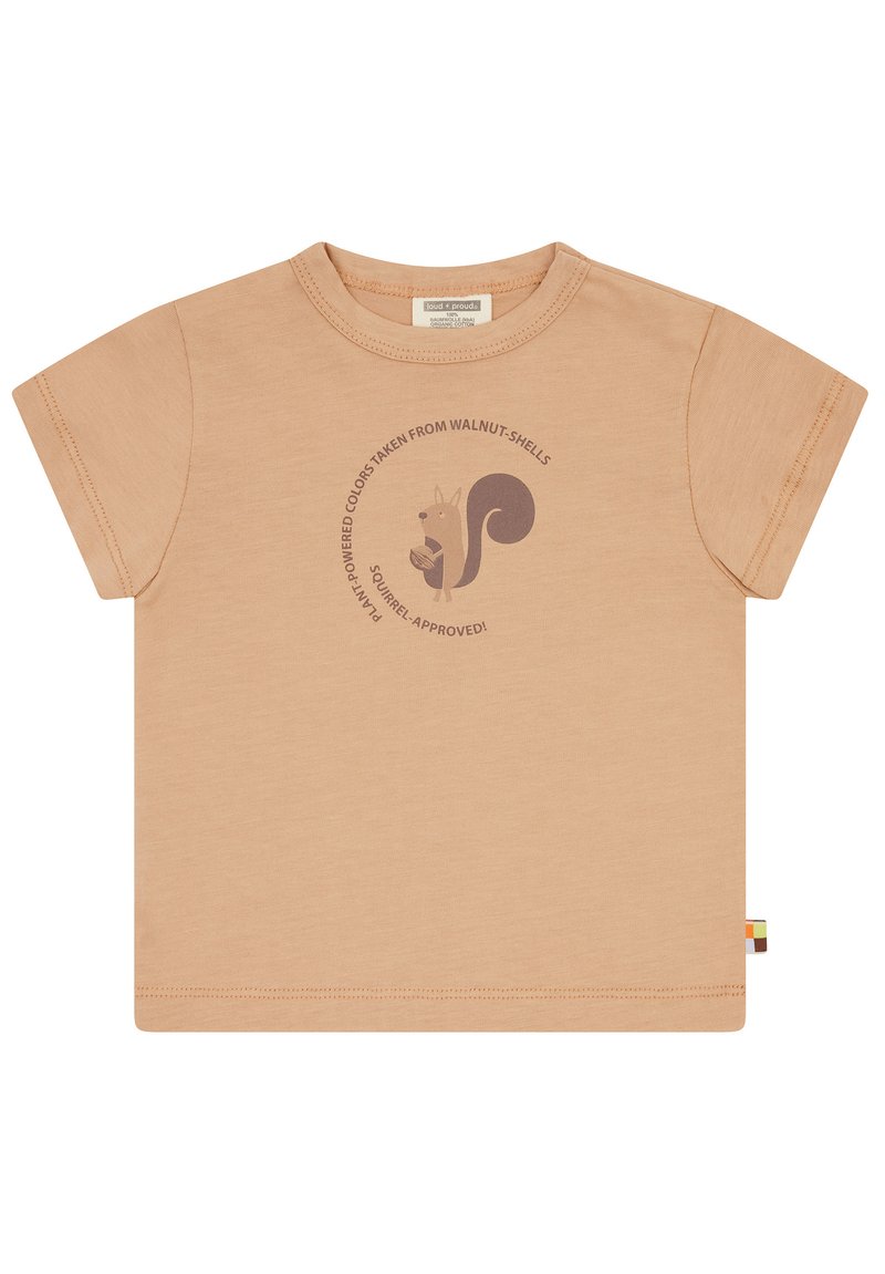 Korte mouwen beige T-shirt gemaakt van zachte stof, met een grafisch ontwerp van een eekhoorn, cirkelvormige tekst en een kleurrijke label aan de zijkant.