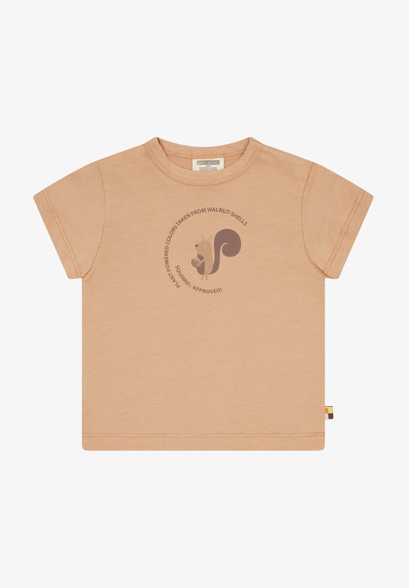 Korte mouwen beige T-shirt gemaakt van zachte stof, met een grafisch ontwerp van een eekhoorn, cirkelvormige tekst en een kleurrijke label aan de zijkant.