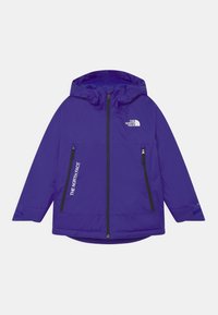 Purple waterproof jacket with a hood, front zip, two zippered pockets, and black accents, featuring The North Face logo on the chest and sleeve.