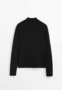 Chemise noire à manches longues avec col montant, étalée à plat, montrant le dos avec des lignes épurées et une silhouette cintrée.