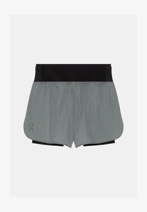 Sive lahke tekaške kratke hlače z notranjo črno kompresijsko plastjo in elastičnim pasom, na levi strani pa majhen logotip blagovne znamke.