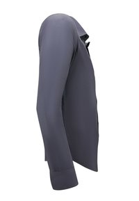 Heren overhemd met lange mouwen in donkergrijs, met een gladde textuur, spitse kraag en knoopsluiting, en met gestructureerde mouwen en manchetten.