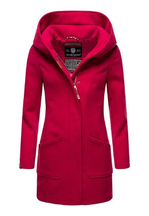 Fitted red coat with a large hood, two front pockets, and a zip-up closure. Crafted from soft material, featuring logo and tag details inside.