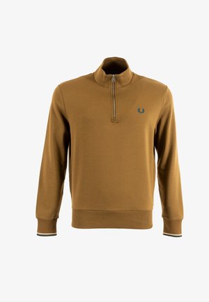 Felpa con zip al collo di colore marrone, realizzata in un tessuto liscio. Presenta polsini e orlo a costine, con un piccolo logo blu sul petto.