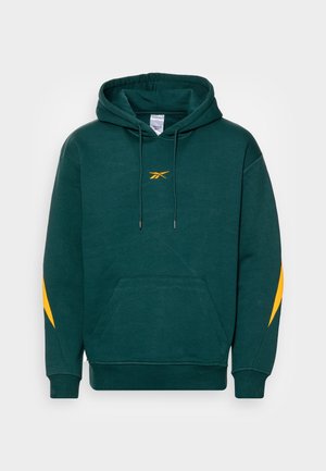 Ciemnozielona bluza z kapturem z żółtym logo Reebok na klatce piersiowej i żółtymi paskami na rękawach, z kieszenią z przodu.
