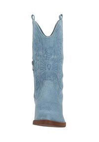 Bota de vaquero de ante azul claro con bordados intrincados, punta afilada y tacón bajo y cónico. Presenta tiradores para facilitar su uso.