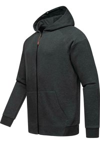 Sudadera con cremallera de color gris oscuro, con capucha, bolsillos frontales, puños acanalados y una textura suave. Presenta un sutil patrón jaspeado.