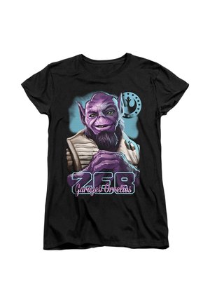 Black T-shirt with a purple alien character wearing robes, green eyes, hands clasped, number 258, and text "Garazeb Orrelios."