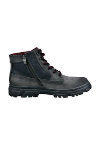 Dunkelgraue und schwarze Wildleder-Stiefelette mit kastanienbraunen Schnürsenkeln, seitlichem Reißverschluss und dicker, robuster Sohle, von der Außenseite vor einem weißen Hintergrund gezeigt.