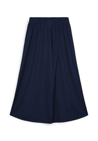 Culottes bleu marine avec une taille élastique, jambes larges, et texture lisse ; conçues pour le confort et la liberté de mouvement.