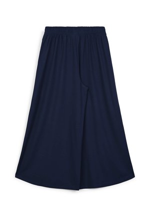 Marineblaue Culottes mit elastischem Bund, weitem Bein und glatter Textur; entworfen für Komfort und Bewegungsfreiheit.