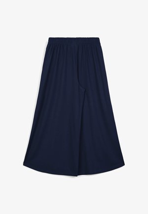 Marineblaue Culottes mit elastischem Bund, weitem Bein und glatter Textur; entworfen für Komfort und Bewegungsfreiheit.