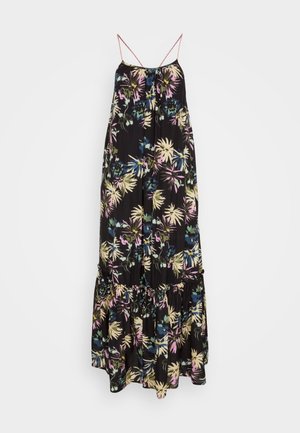 Rochie maxi cu un imprimeu tropical de frunze de palmier în culori vii pe un fundal negru. Materialul este ușor, cu bretele subțiri și o margine cu flori în straturi.