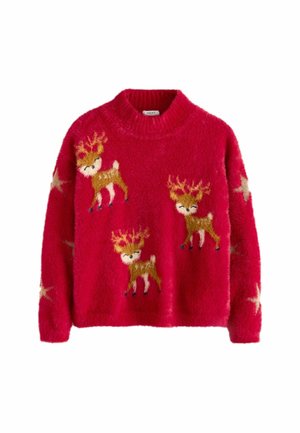 Maglione rosso morbido con tre renne dai corpi e dalle corna marroni, accentuato da stelle dorate sulle maniche. Design con collo alto.