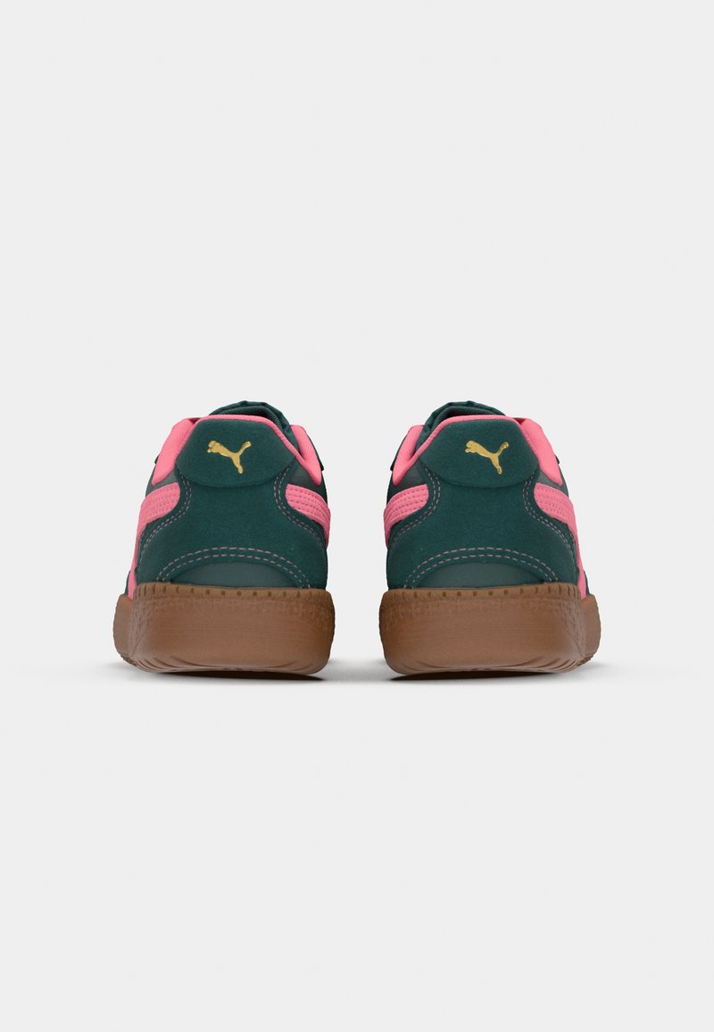 Zapatillas deportivas de ante verde con acentos rosas, que cuentan con una suela de goma y un detalle de logo dorado en el talón. Forma redondeada, cuello acolchado.