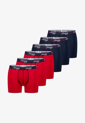 Pięć par męskich bokserek w naprzemiennych kolorach czerwonym i granatowym, każda z czarnym paskiem w talii z białym logo "sloggi".