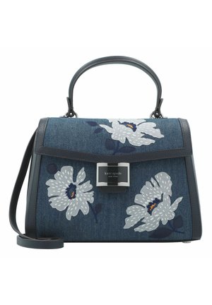 Denim-Handtasche mit floralen Stickereien in Weiß und Marineblau. Verfügt über eine strukturierte Form, einen oberen Griff, einen verstellbaren Riemen und Metallbeschläge.
