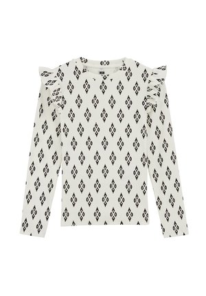 Kremna majica s dugimi rokavi in črnim diamantskim vzorcem, ki vsebuje nagubane okraske na rameni ter rebrasto teksturo. Klasičen okrogli izrez.