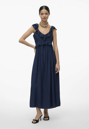 Navyblauwe maxi-jurk met ruches aan de mouwen en een gelaagd ontwerp. Gemaakt van lichtgewicht stof, heeft een vloeiende silhoët en een verstelbare halslijn.