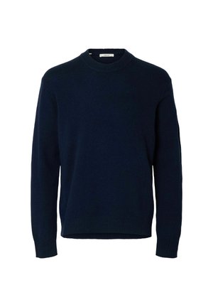 Tumši zili adīti džemperi ar apaļu kakla izgriezumu, garām piedurknēm, ribotām aprocēm un apakšmalu. Mīksta tekstūra ar brīvu piegriezumu un bez rakstiem.