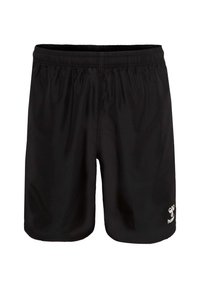 Svarta sportshorts med elastisk midja. Lättviktsmaterial, knälånga, med en liten vit logga på nedre högra sidan.