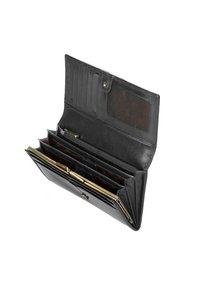 Le portefeuille en cuir noir dispose de plusieurs emplacements pour cartes, d'un compartiment zippé et d'un fermoir doré. Texture lisse avec une finition brillante.