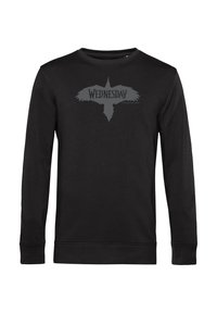 Schwarzer langärmeliger Sweatshirt mit einem grauen Krähenmotiv und dem Wort "Mittwoch", das über die Brust gedruckt ist.