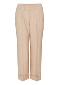 Harmaat pellavahousut, joissa on joustava vyötärö, leveät lahkeet ja käännetyt hihat. Mukana suorat laskokset rakenteellista ilmettä varten.