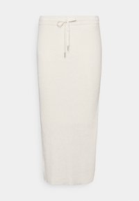 Saia midi de malha na cor creme, com textura canelada, cintura elástica com cordão e silhueta reta.