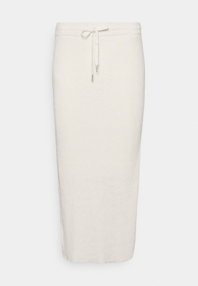 Saia midi de malha na cor creme, com textura canelada, cintura elástica com cordão e silhueta reta.