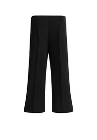 Pantalons large noirs avec une texture lisse, dotés de coutures verticales et d'une taille haute, conçus pour un ajustement décontracté et un confort optimal.