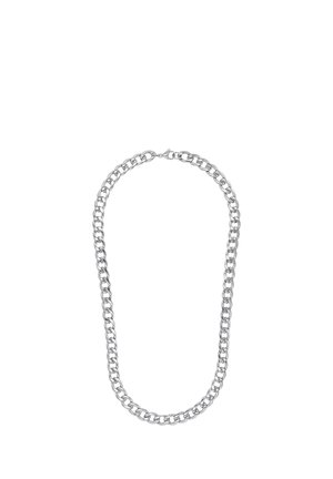 Silver chain necklace with linked oval-shaped flat links and a lobster clasp, displayed on a plain white background.