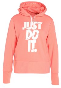 Korálově růžová mikina s kapucí vyrobená z měkké tkaniny, se velkým bílým nápisem "JUST DO IT." na přední straně. Obsahuje stahovací kapuci a manžety s žebrovaným vzorem.