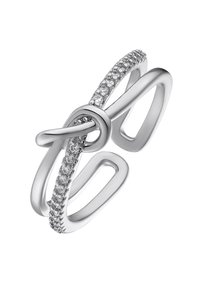 Anello d'argento con design intrecciato, caratterizzato da una fila di piccole pietre trasparenti su un lato e una finitura liscia e lucida sull'altro.