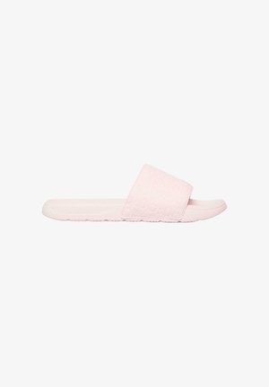 Sandale slide rose clair à bout ouvert avec une large bride embossée et une semelle texturée, conçue pour le port décontracté.