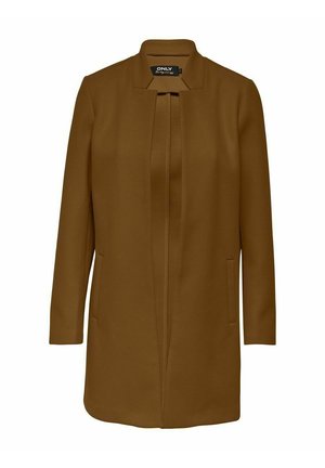 Veste longue marron avec col mandarin, fermeture frontale dissimulée et poches latérales. Fabriquée dans un tissu doux et lisse.