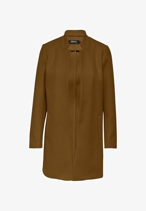 Bruine lange jas met een mandarijnkraag, verborgen sluiting aan de voorkant en zijzakken. Gemaakt van een zachte, gladde stof.
