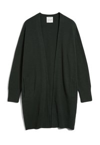 Mörkgrön cardigan med öppen front, stickad textur, långa ärmar, två sidofickor, rak skärning och ribbad detalj vid fållar och nederkant.