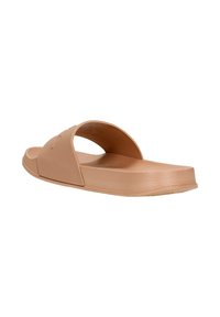 Sandale ouverte beige avec une semelle en caoutchouc texturée, au design ouvert et à deux larges brides. Présente une finition lisse et un style minimaliste.