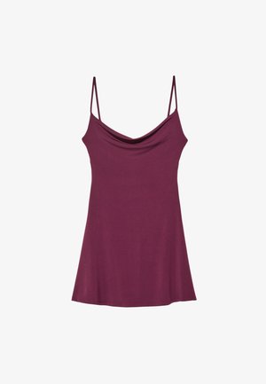 Burgundowa bluzka bez rękawów z opadającym dekoltem i cienkimi ramiączkami, wykonana z gładkiego materiału, o luźnym kroju i rozkloszowanym dole.