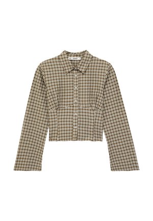 Brązowo-biała koszula w kratę z długim rękawem, krótka, z kołnierzykiem i zapięciem na guziki z przodu.