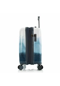 Hard-shell suitcase in a gradient design, transitioning from white to dark blue. Features four wheels, retractable handle, and a combination lock.