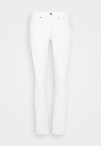 Jeans blancos de corte ajustado, hechos de una mezcla de algodón, con cinco bolsillos, trabillas para cinturón y cierre frontal con botón. Textura suave.