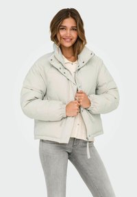 Lichtgrijze donsjas met een hoge kraag, elastische manchetten en drukknopen. Gemaakt van glad materiaal, gecombineerd met een wit overhemd.