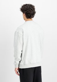 Svetlo siva majica s okruglim izrezom, meke teksture, oversize kroja i rebrastim manžetama, sa malim akcentom logotipa blizu donjeg ruba.