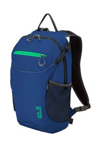 Sac à dos Jack Wolfskin bleu avec poche zippée verte, deux poches latérales en mesh, bretelles noires ajustables et poignée supérieure.