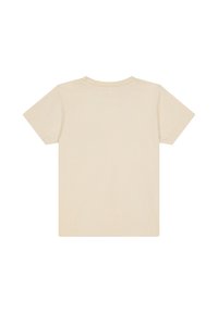 Helles beige Baumwoll-T-Shirt, kurze Ärmel, Rundhalsausschnitt, schlichtes Design, weiche Textur, normale Passform, keine sichtbaren Logos oder Designelemente.